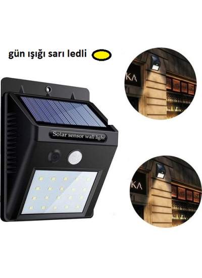 CLZ192 Gün Işığı Sarı Ledli Hareket Sensörlü Güneş Enerjili Led Aydınlatma Dış Mekan Bahçe 20 Led Li