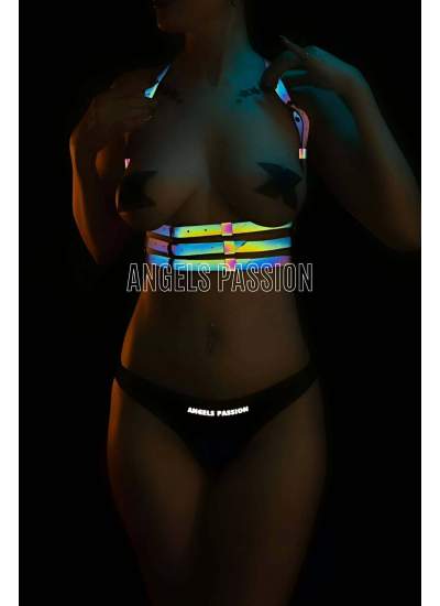 CLZ41 Renkli Yansıma Yapan Seksi ve Şık Harness Büstiyer - Ürün Rengi:Rainbow Reflektör