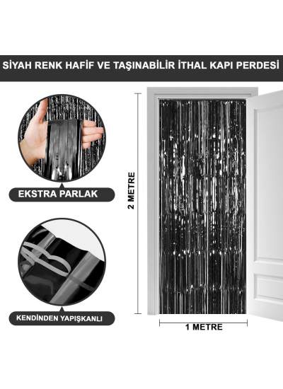 Siyah Renk Ekstra Metalize Parlak Saçaklı Arka Fon Perde İthal A Kalite 1x2 Metre (CLZ)