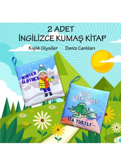 CLZ247 2 Kitap  İngilizce Kışlık Giysiler ve Deniz Canlıları Kumaş Sessiz Kitap