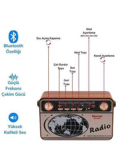 BUFFER® 503B Dekoratif Eskitme Nostalji Uzaktan Kumandalı Radyo Usb/Aux/Hafıza Kartı/Bluetooth/Şarjl