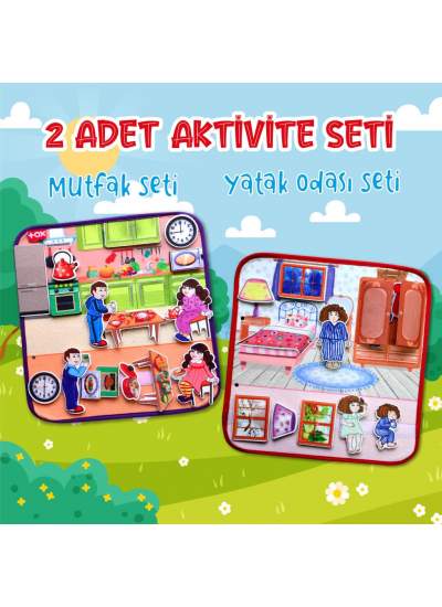 CLZ247 2 Set - 32 Parça  Mutfak ve Yatak Odası Keçe Cırtlı Aktivite Sayfası - Çocuk Etkinlik , Eğitici Oyuncak