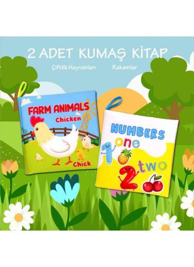 CLZ247 2 Kitap  İngilizce Çiftlik Hayvanları ve Rakamlar Kumaş Sessiz Kitap