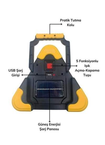 BUFFER® Işıklı İkaz Lambası Şarjlı USB Kablolu Güneş Enerjili Çok Amaçlı Reflektör