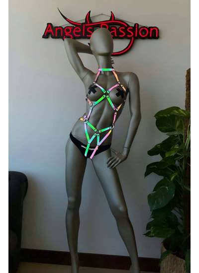 CLZ41 Erotik İç Giyim Reflektörlü Seksi Body Harness - Ürün Rengi:Rainbow Reflektör