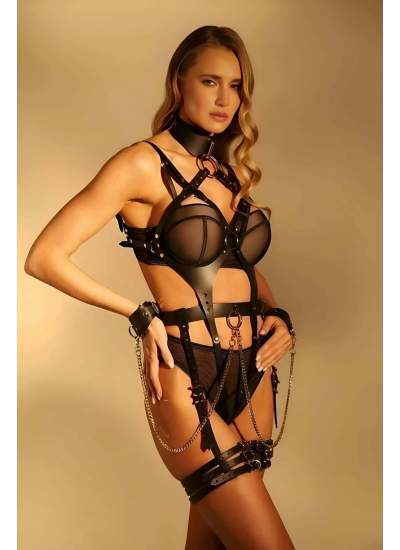 CLZ41 Deri Fantezi Harness Set, Club Wear, Seksi Zincir Detaylı Fantezi Takım - Ürün Rengi:Siyah