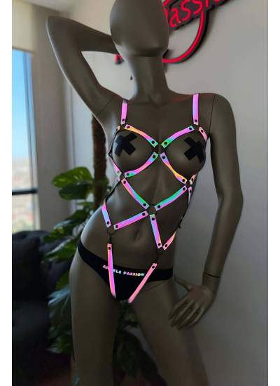 CLZ41 Dansçı KıyafetleriKaranlıkta Parlayan Reflektörlü Body Harness - Ürün Rengi:Rainbow Reflektör