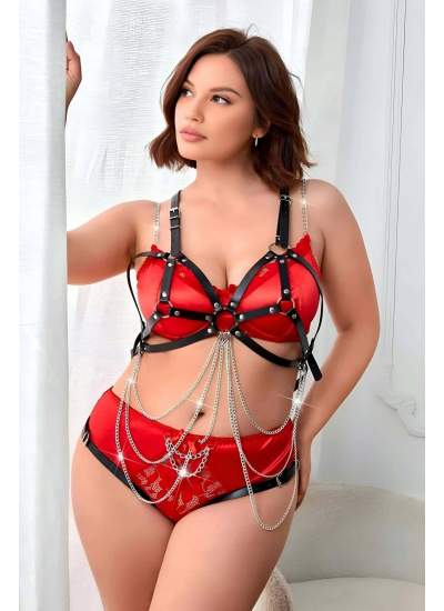 CLZ41 Fantazi Zincirli Deri Body Harness, Ağı Açık Fantazi Giyim - Ürün Rengi:Siyah