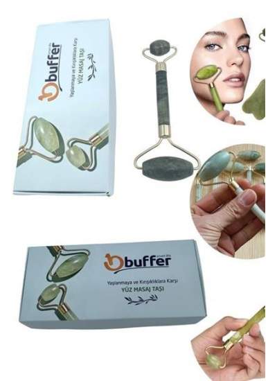 BUFFER® Özel Süngerli Kutusunda Kırılmaz Çift Taraflı 2li Cilt Yüz Masaj Aleti Jade Roller Yeşim Taş