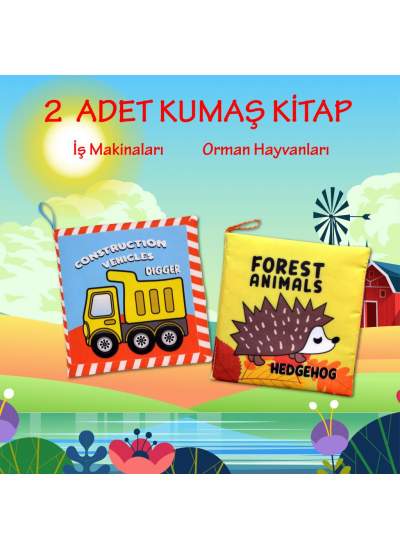 CLZ247 2 Kitap  İngilizce İş Makinaları ve Orman Hayvanları Kumaş Sessiz Kitap