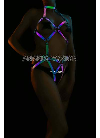 CLZ41 Erotik İç Giyim Reflektörlü Seksi Body Harness - Ürün Rengi:Rainbow Reflektör