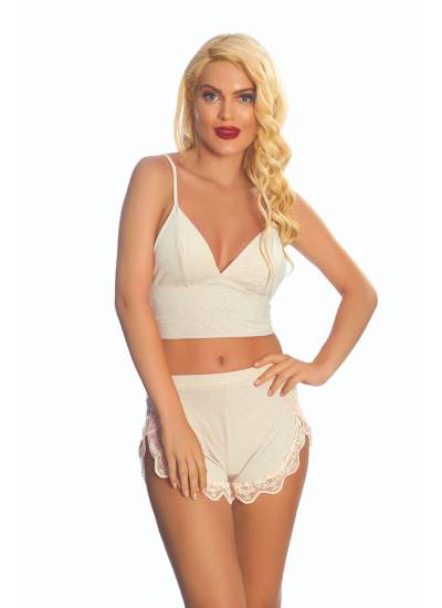 CLZ946 Ekru Lcralı Babydoll Şortlu Takım