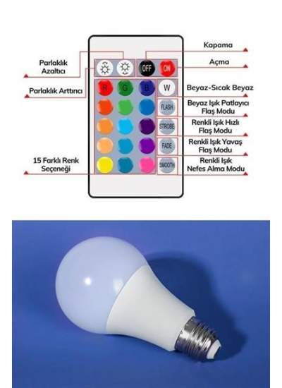 BUFFER® 9w Uzaktan Kumandalı 15 Farklı Renk Seçenekli Led Ampul